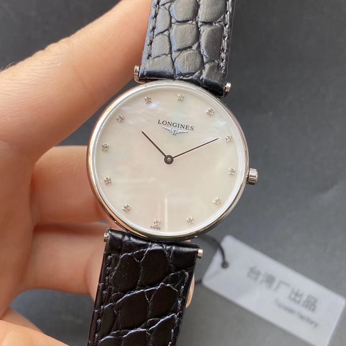 top-tier watch Longines couple watch white dial black belt Jialan series quartzleather strap watch front view