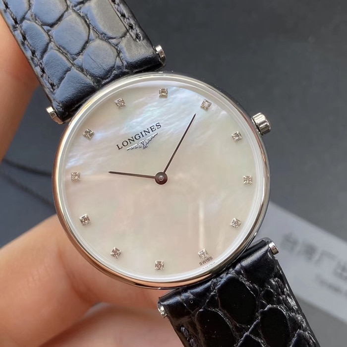 top-tier watch Longines couple watch white dial black belt Jialan series quartzleather strap watch front view