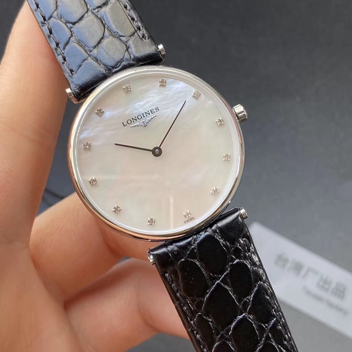 top-tier watch Longines couple watch white dial black belt Jialan series quartzleather strap watch front view