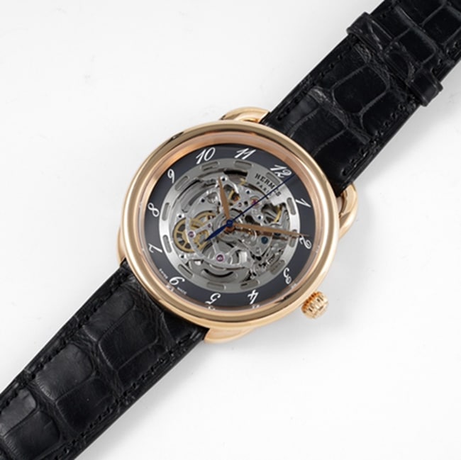 top-tier watch Hermès men's gray plate black belt automatic movementleather strap watch front view