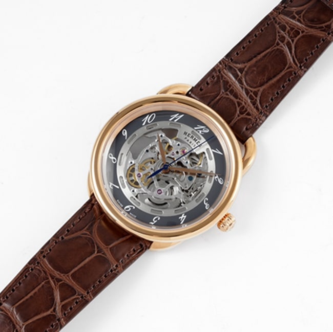 top-tier watch Hermès men's gray plate brown belt retro watch front view