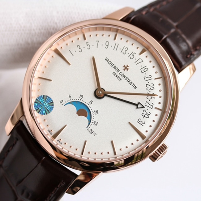 top-tier watch Vacheron Constantin men's white dial brown belt heritage series watch front view
