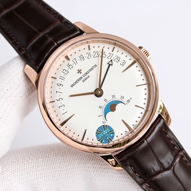 top-tier watch Vacheron Constantin men's white dial brown belt heritage series watch front view