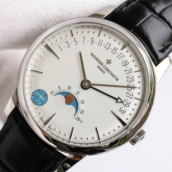 top-tier watch Vacheron Constantin men's white dial black belt heritage series automatic movement watch front view