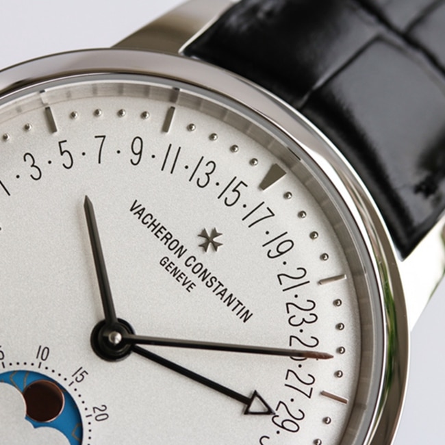top-tier watch Vacheron Constantin men's white dial black belt heritage series automatic movement watch detail shots