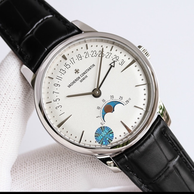 top-tier watch Vacheron Constantin men's white dial black belt heritage series automatic movement watch front view