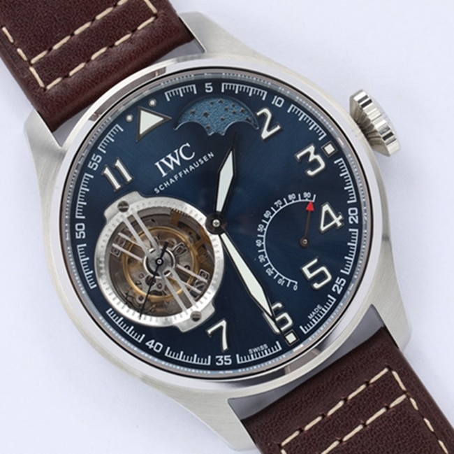 top-tier watch IWC men's blue dial hour room pilot series tourbillon watch bracelet picture front view