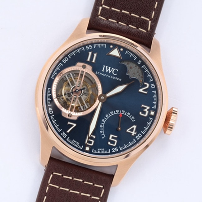 top-tier watch IWC men's blue dial hour room pilot series tourbillon watch front view