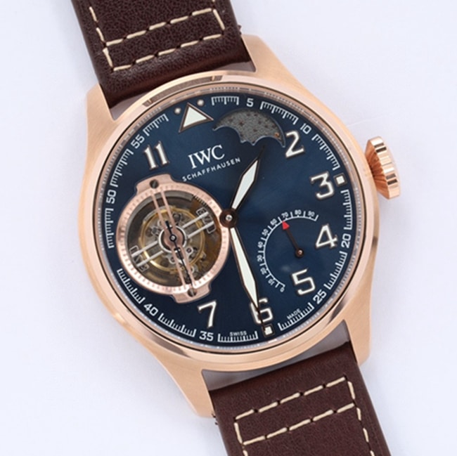 top-tier watch IWC men's blue dial hour room pilot series tourbillon watch front view