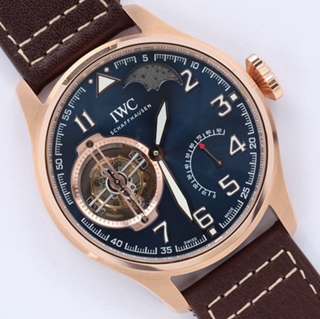 top-tier watch IWC men's blue dial hour room pilot series tourbillon watch front view