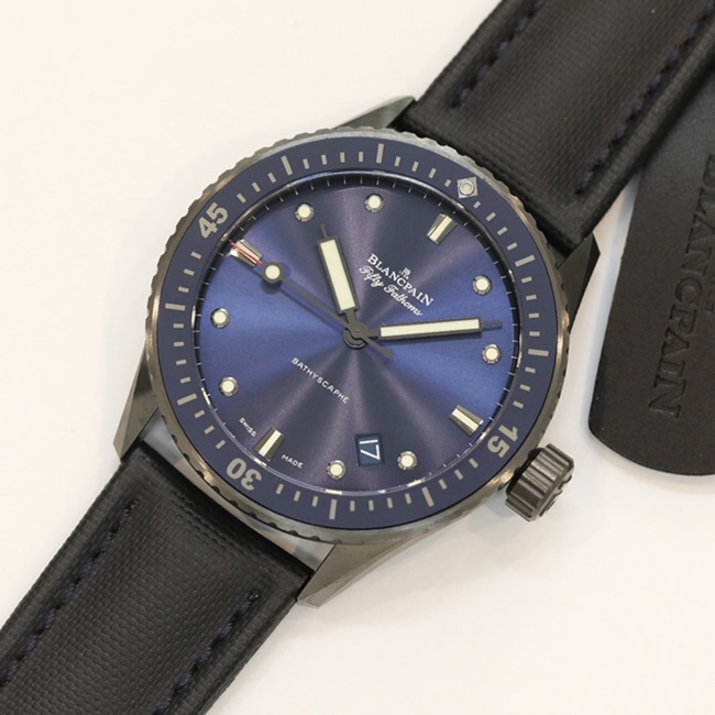 top-tier watch Blancpain men's blue dial nylon strap fifty fathom series watch front view
