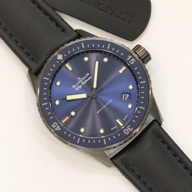 top-tier watch Blancpain men's blue dial nylon strap fifty fathom series watch front view