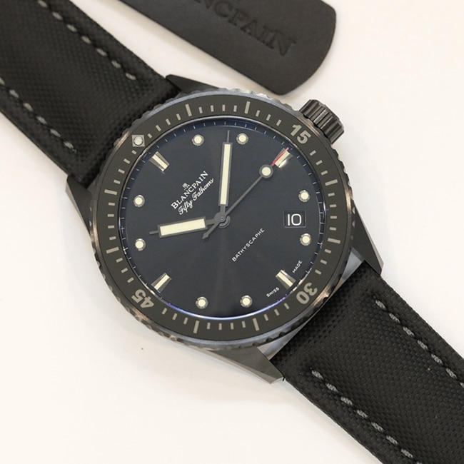 top-tier watch Blancpain men's blue dial nylon strap fifty fathoms automatic movement watch front view