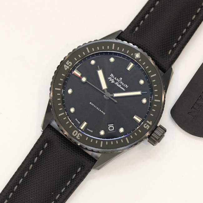 top-tier watch Blancpain men's blue dial nylon strap fifty fathoms automatic movement watch front view