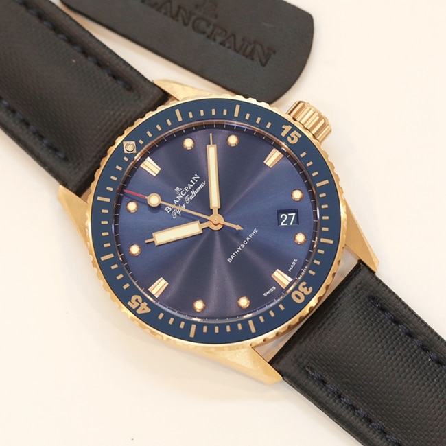 top-tier watch Blancpain men's blue dial nylon strap fifty fathom series front view