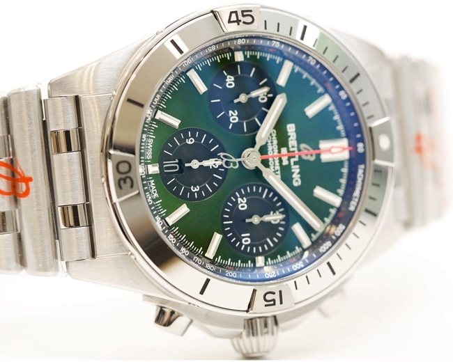 top-tier watch Breitling men's green dial steel automatic movement watch front view