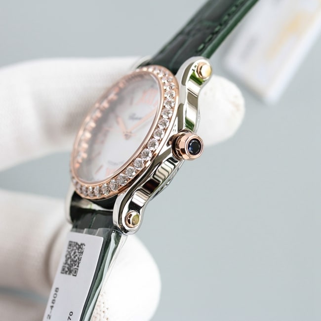top-tier watch Chopard women's white dial green strap happy diamond HAPPY DIAMONDS series leather strap mechanical watch side view