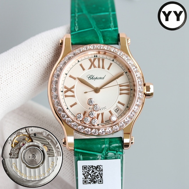 top-tier watch Chopard women's white dial green strap happy diamond HAPPY DIAMONDS series leather strap mechanical watch front view