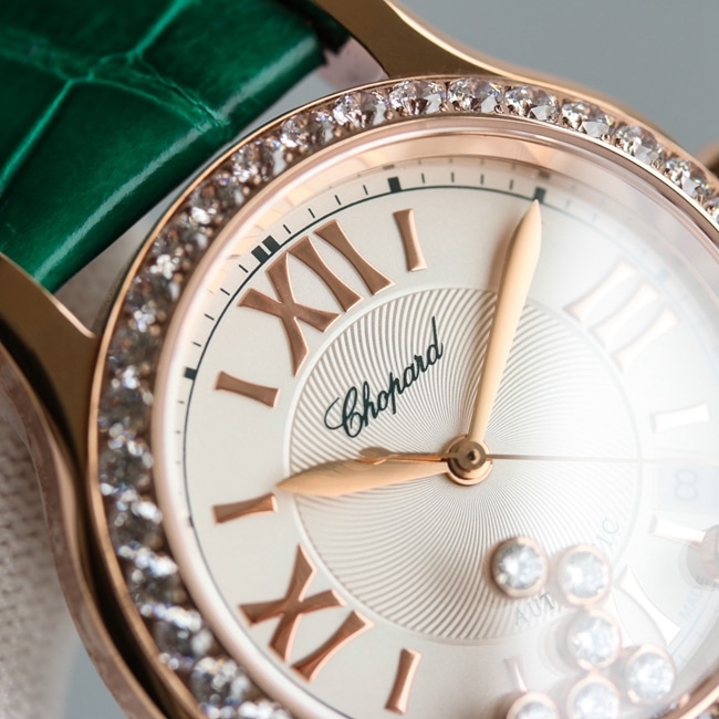top-tier watch Chopard women's white dial green strap happy diamond HAPPY DIAMONDS series leather strap mechanical watch detail shots
