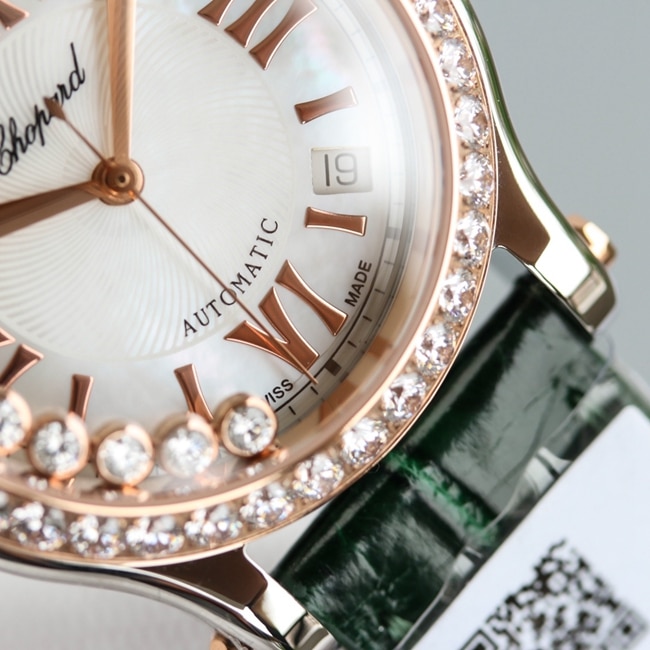 top-tier watch Chopard women's white dial green strap happy diamond HAPPY DIAMONDS series leather strap mechanical watch detail shots