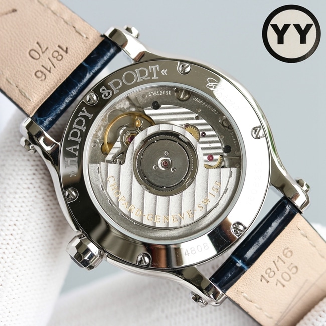 Top Chopard women's watch, blue dial, blue strap, Happy Diamonds series, mechanical movement diagram
