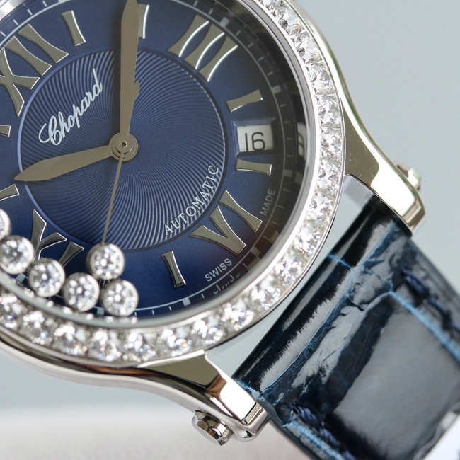 High-quality Chopard women's watch with blue dial, blue strap, Happy Diamonds series mechanical watch, detailed pictures