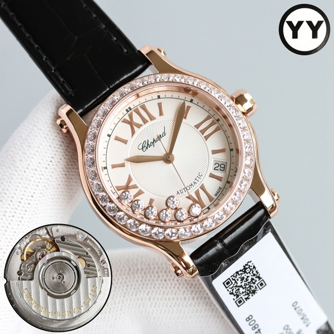 Top Chopard women's watch with blue dial, blue strap, Happy Diamonds series, mechanical watch, front view