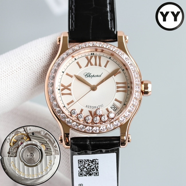 Top Chopard women's watch with blue dial, blue strap, Happy Diamonds series, mechanical watch, front view