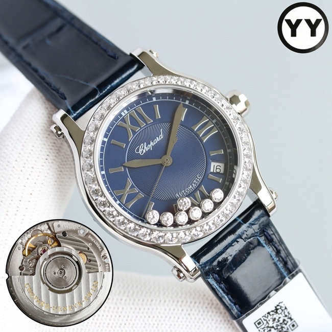 Top Chopard women's watch with blue dial, blue strap, Happy Diamonds series, mechanical watch, front view