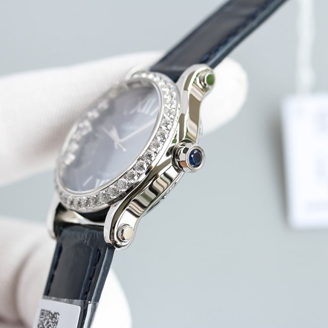 Top Chopard women's watch, blue dial, blue strap, Happy Diamonds series, mechanical watch, side view