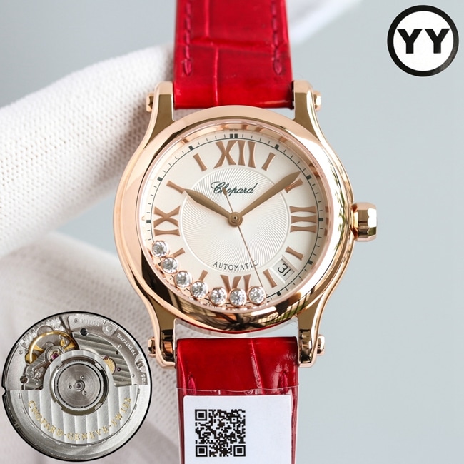 top-tier watch Chopard women's white dial red band happy diamond series leather strap mechanical watch front view