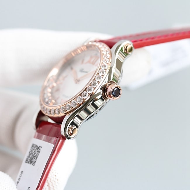 top-tier watch Chopard women's white dial red band happy diamond series leather strap mechanical watch side view