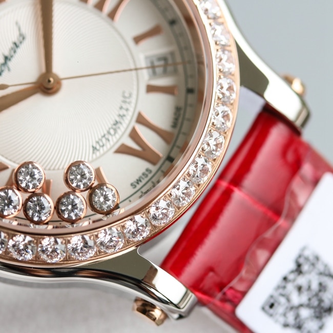 top-tier watch Chopard women's white dial red strap happy diamond series leather strap mechanical watch detail shots