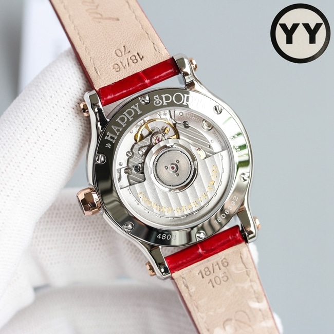 top-tier watch Chopard women's white dial red strap happy diamond series leather strap mechanical watch movement picture