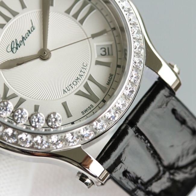 top-tier watch Chopard women's white dial black belt happy diamond HAPPY DIAMONDS series leather strap mechanical watch detail shots