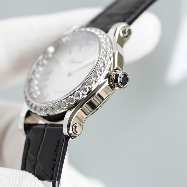 top-tier watch Chopard women's white dial black belt happy diamond HAPPY DIAMONDS series leather strap mechanical watch side view