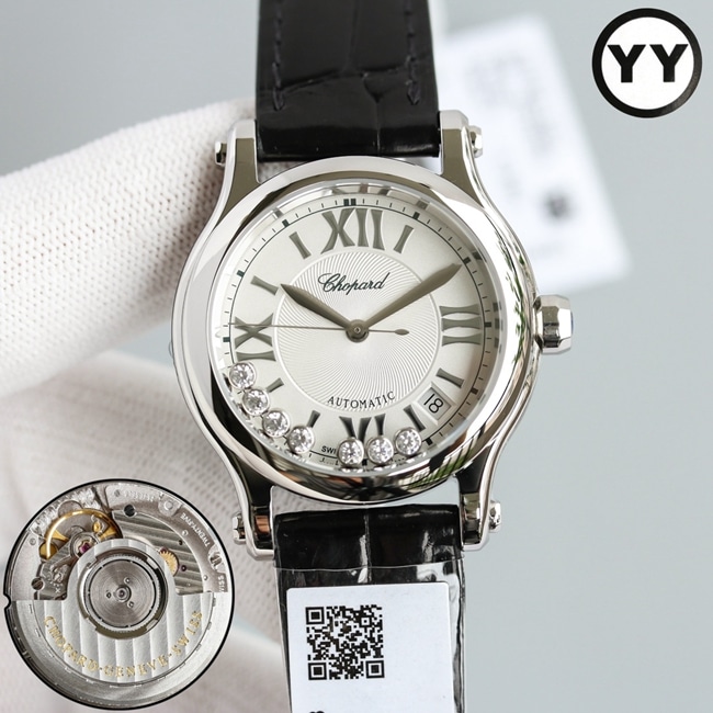 top-tier watch Chopard women's white dial black belt happy diamond HAPPY DIAMONDS series leather strap mechanical watch front view
