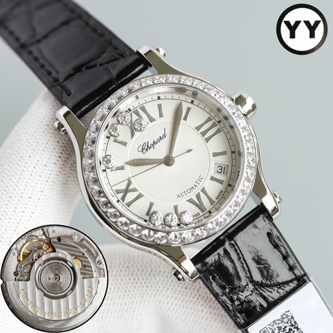 top-tier watch Chopard women's white dial black belt happy diamond HAPPY DIAMONDS series leather strap mechanical watch front view