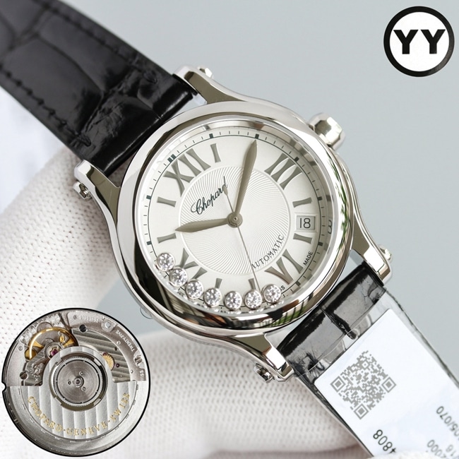 top-tier watch Chopard women's white dial black belt happy diamond HAPPY DIAMONDS series leather strap mechanical watch front view