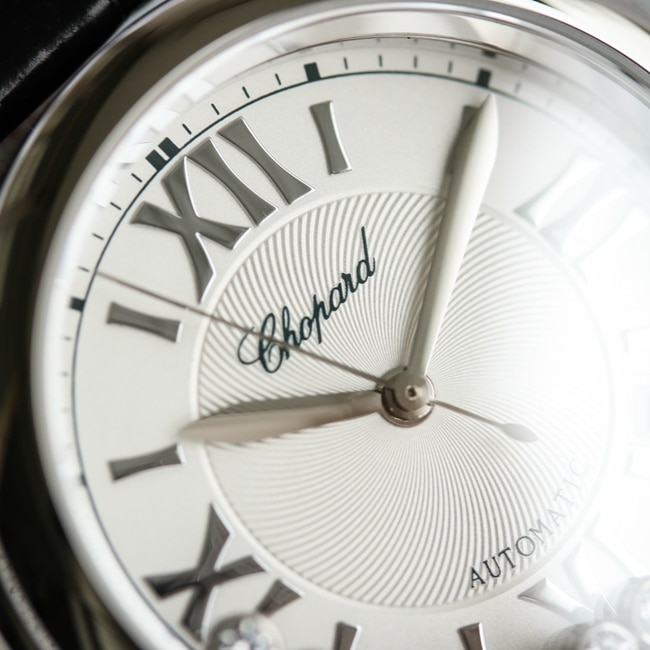 top-tier watch Chopard women's white dial black belt happy diamond HAPPY DIAMONDS series leather strap mechanical watch detail shots