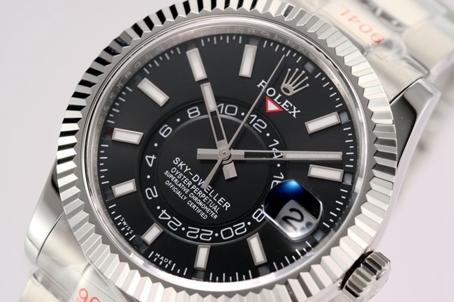 Top Rolex men's watch, black dial, steel bracelet, Sky-Dweller series, automatic mechanical watch, front view