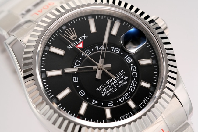 Top Rolex men's watch, black dial, steel bracelet, Sky-Dweller series, automatic mechanical watch, front view