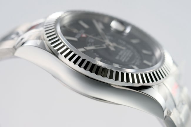 Top Rolex men's black dial steel bracelet Sky-Dweller series automatic mechanical watch side view