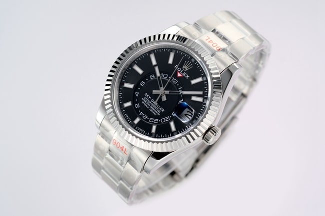 Top Rolex men's watch, black dial, steel bracelet, Sky-Dweller series, automatic mechanical watch, front view