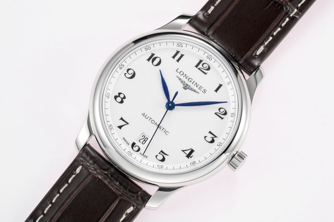 top-tier replicaLongines men's white dial brown belt new famous series leather strap mechanical watch front view