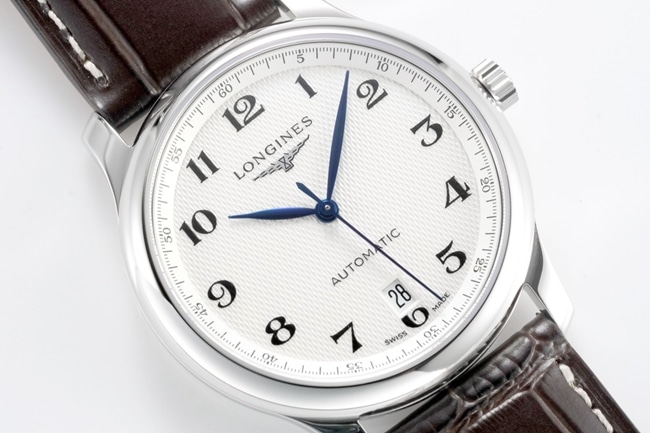 top-tier replicaLongines men's white dial brown belt new famous series leather strap mechanical watch front view
