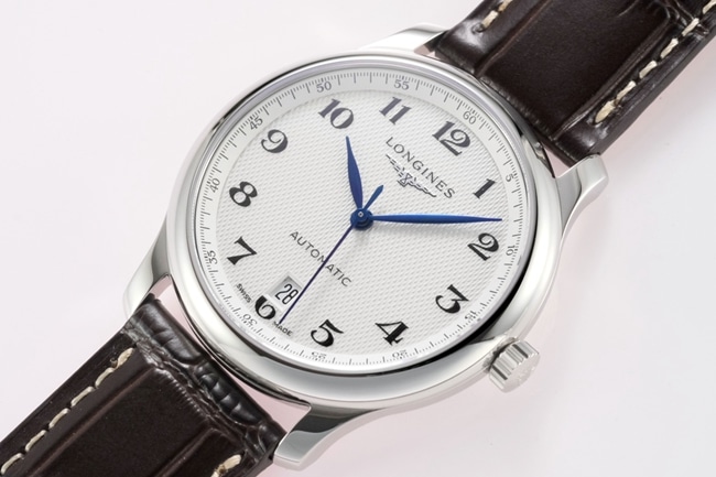 top-tier replicaLongines men's white dial brown belt new famous series leather strap mechanical watch front view