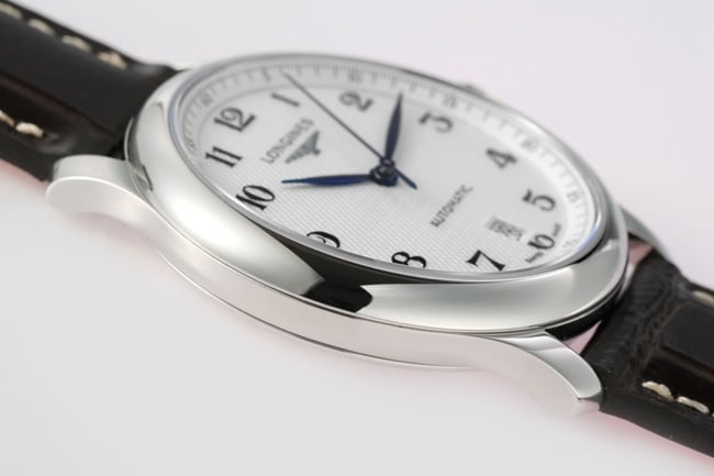 top-tier replicaLongines men's white dial brown belt new famous series leather strap mechanical watch side view