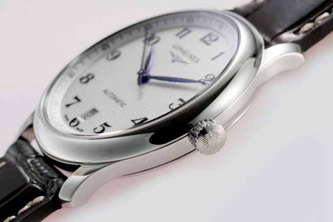 top-tier replicaLongines men's white dial brown belt new famous series leather strap mechanical watch side view