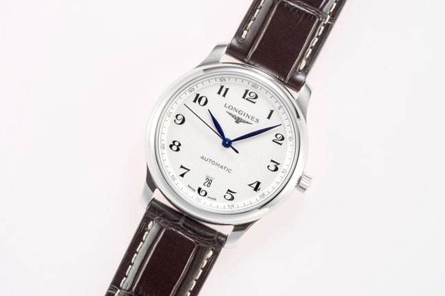 top-tier replicaLongines men's white dial brown belt new famous series leather strap mechanical watch front view
